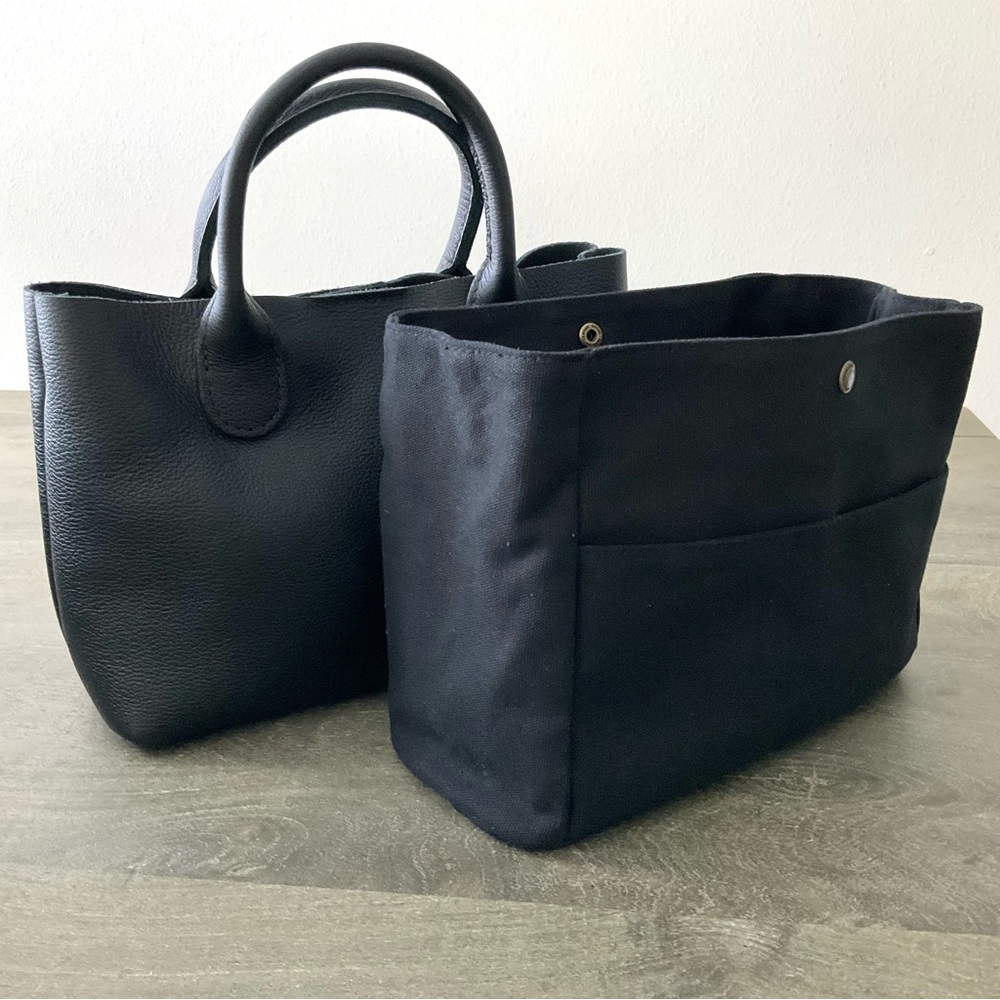 Bundle PLG LG Raindrop Crossbody Tote Bag Pebbled Black Leather w/ Canvas Insert - Picture 3 of 9